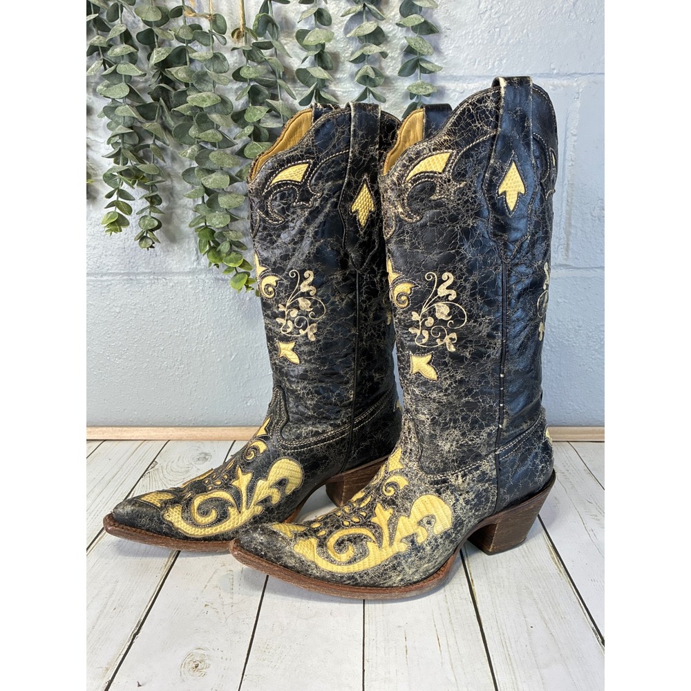 Corral Vintage Distressed Black Yellow Lizard Inlay Western Boots Womens 7M - Picture 2 of 8